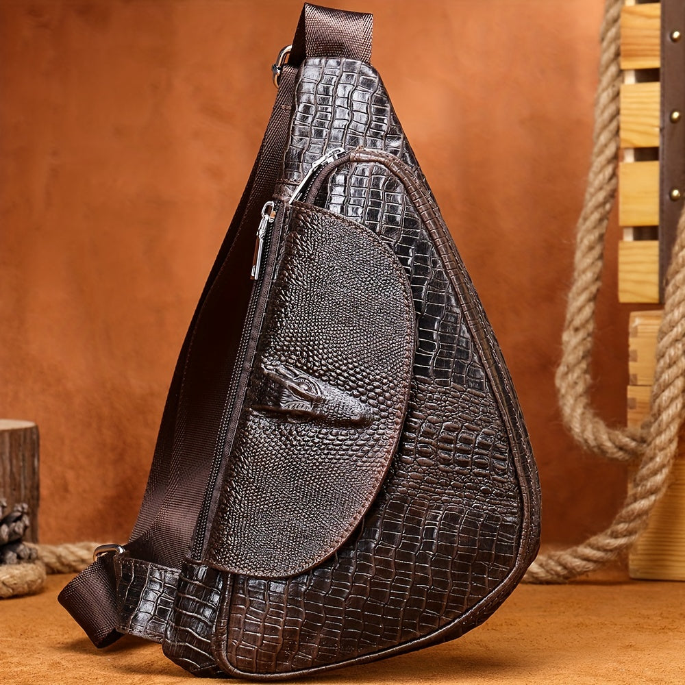 Genuine Leather Chest Bag - Crocodile Pattern Crossbody Shoulder Bag