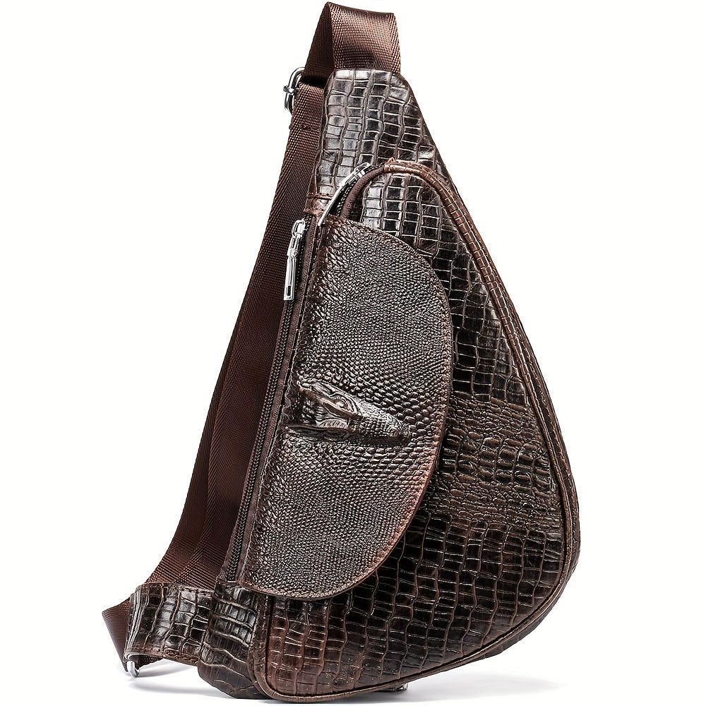 Genuine Leather Chest Bag - Crocodile Pattern Crossbody Shoulder Bag