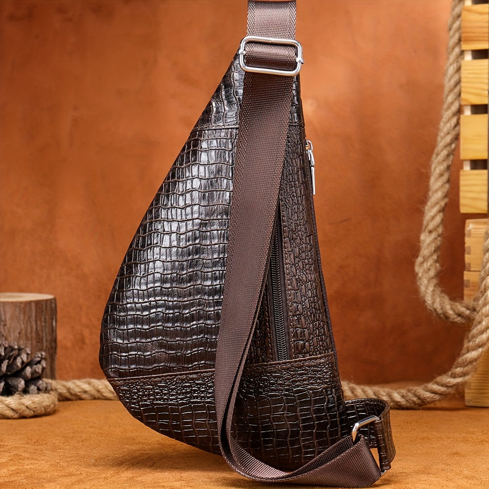 Genuine Leather Chest Bag - Crocodile Pattern Crossbody Shoulder Bag